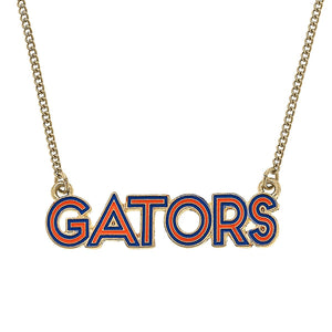 necklace with pendant that reads Gators in orange and blue enamel  