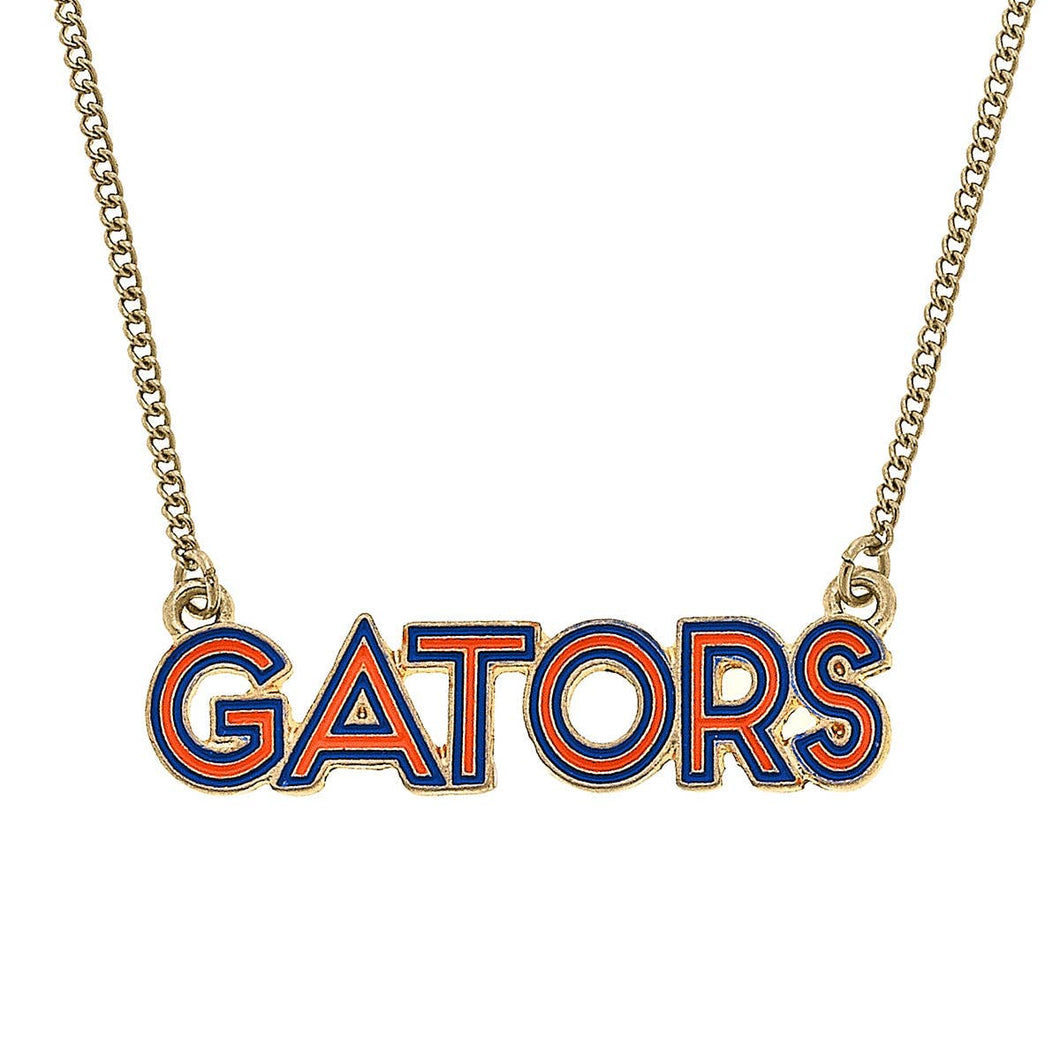 necklace with pendant that reads Gators in orange and blue enamel  