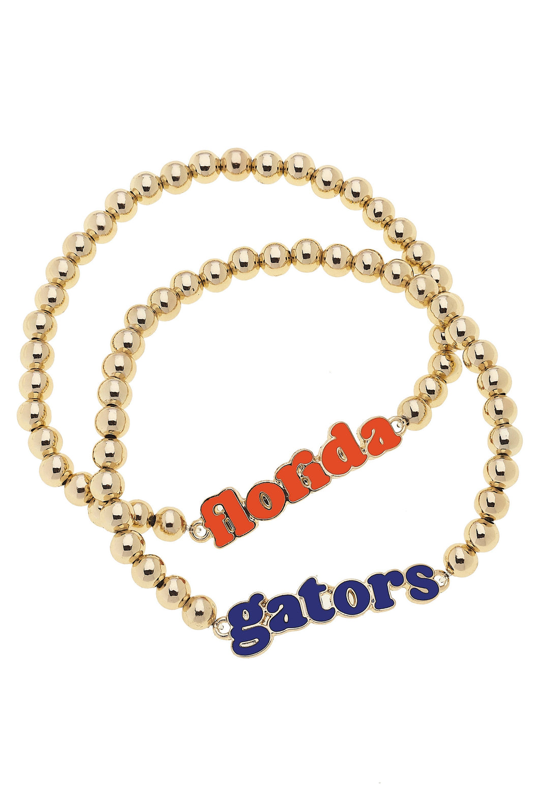 two bracelets one with Text reading Florida in orange and the other with text reading gators in blue