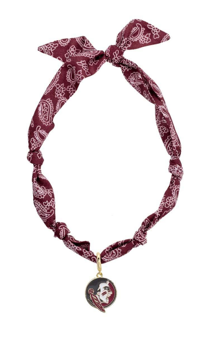 garnet and white fabric necklace with an FSU Logo pendant 