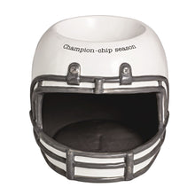 Load image into Gallery viewer, Football shaped bowl with opening for chips and a bowl on the top of the helmet for dip. Text on the bowl reads Champion-chip season 
