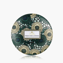 Load image into Gallery viewer, Voluspa French Cade &amp; Lavender 3 Wick Tin Candle lid with label
