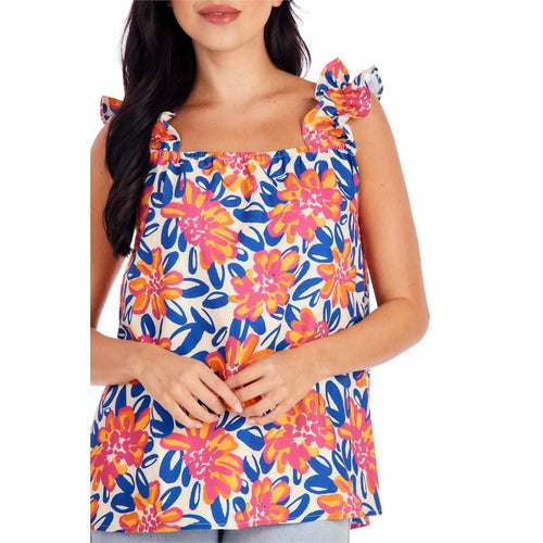 woman in flower print and ruffle strap sleeves