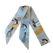 Load image into Gallery viewer, Colorful Equestrian Design Skinny Scarf in black, brown, blue green on a grey background
