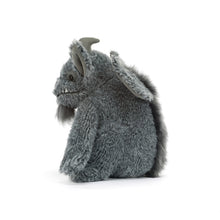 Load image into Gallery viewer, Jellycat Growlston Gargoyle with gray fur side view to show wings and ruff 
