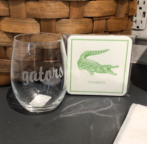 Gators Engraved Stemless Wine Glass - Single Glass - Script