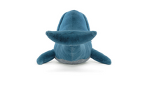 Load image into Gallery viewer, A blue plush shark toy shown from the back on a clean white background.
