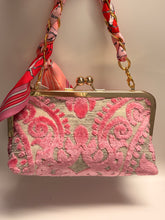 Load image into Gallery viewer, Pink floral handbag with gold accents and a matching scarf on a neutral background
