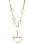 Gold necklace with horse bit pendants on a white background