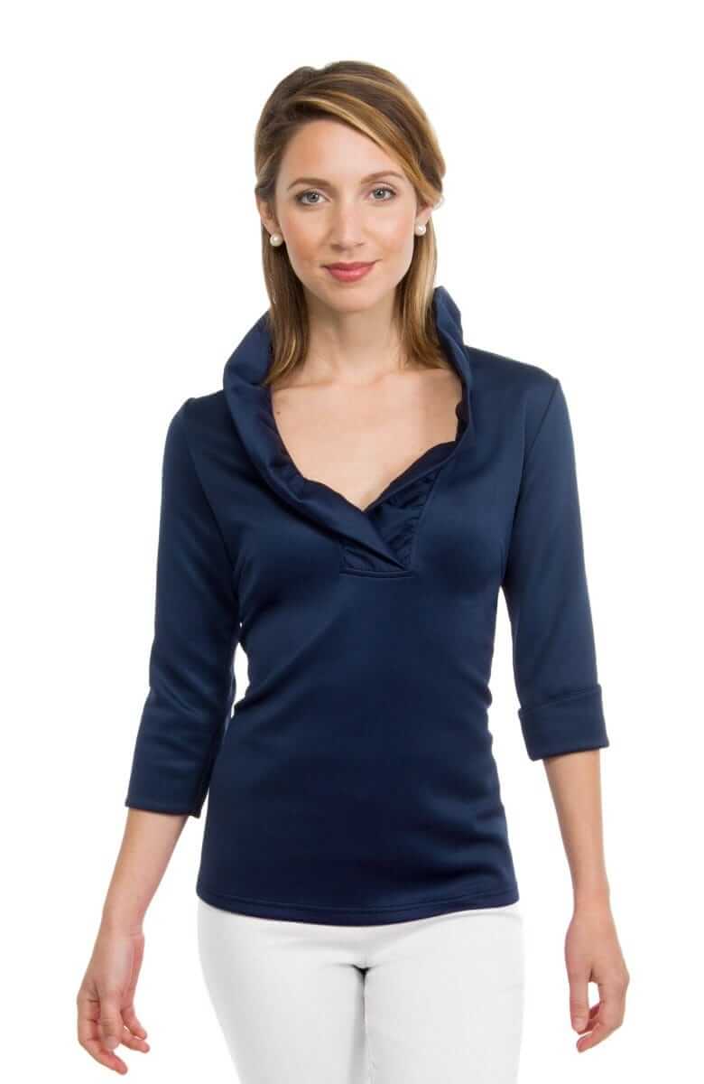 Gretchen Scott Designs Jersey Ruffneck Top 3/4 Sleeves - Navy - FINAL SALE