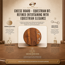 Load image into Gallery viewer, person holding the Vagabond House Cheese Board with Equestrian Bit accent graphic with details on the item
