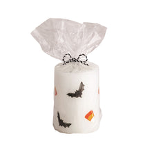 Load image into Gallery viewer, White pillar candle with bar and candy corn designs
