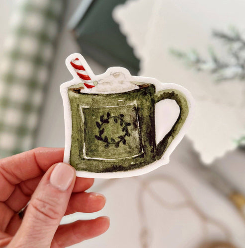Hot Cocoa in a green mug with a candy cane Sticker