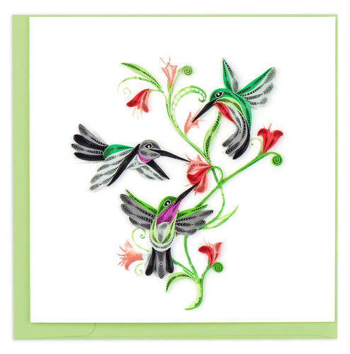 Greeting card with three quilled hummingbird 