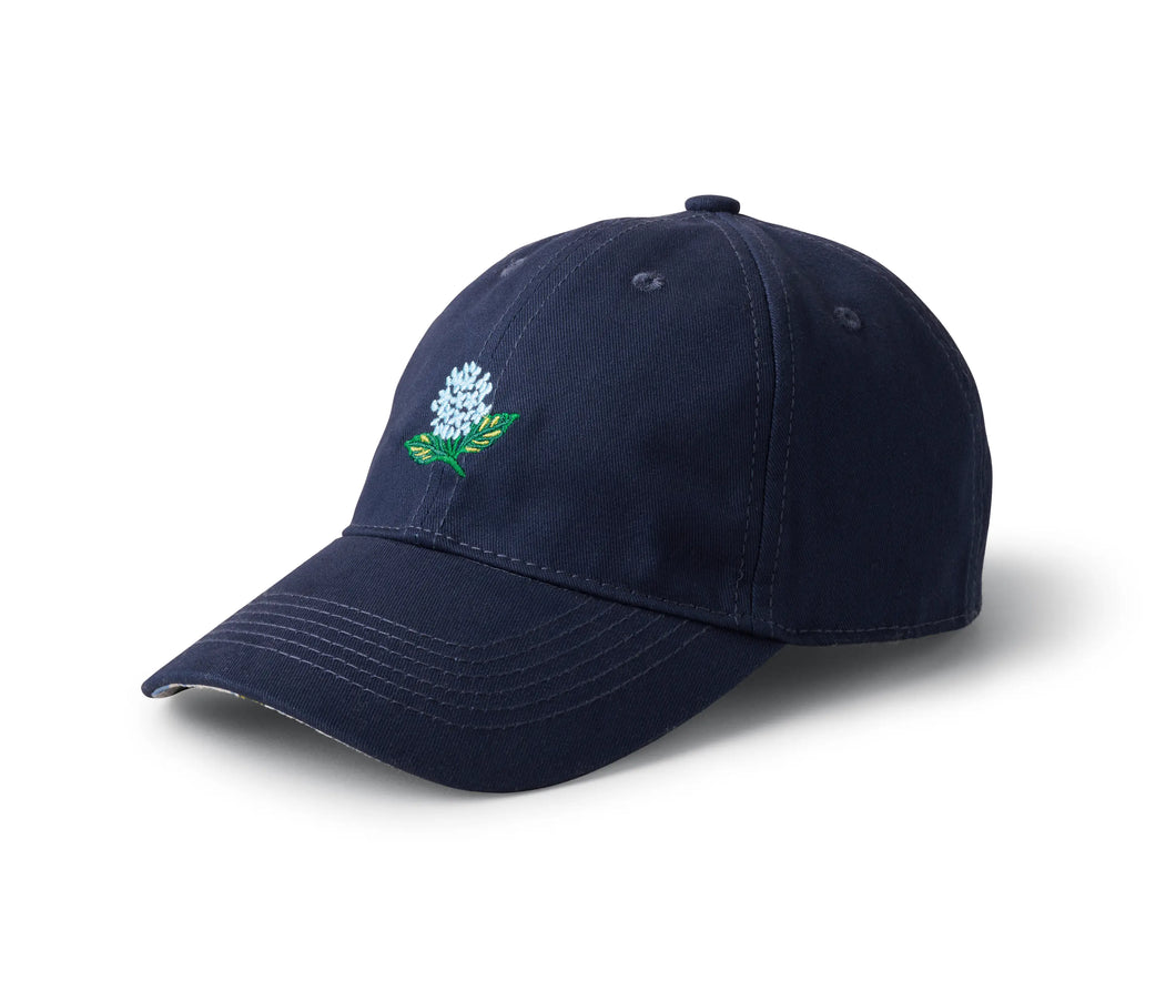 navy hat with small hydrangea design 