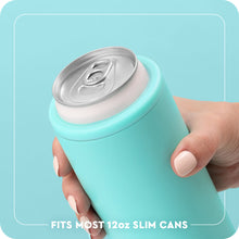Load image into Gallery viewer, graphic with person holding a Skinny Can Cooler (12oz) with the text Fits most 12oz slim cans
