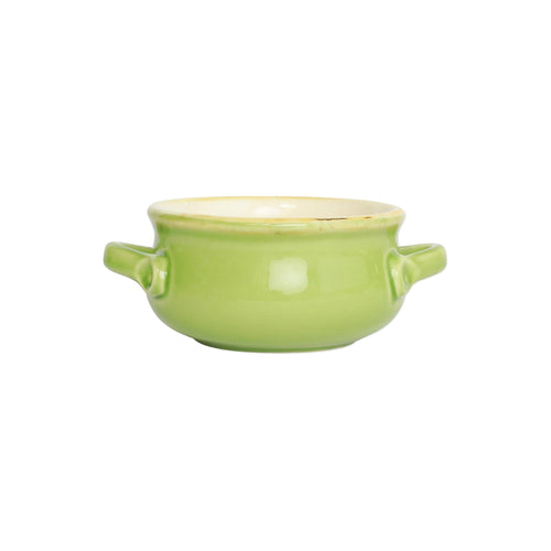 Shallow light green bowl with two small handles 