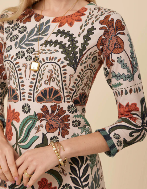 Island Fringe Dress Serpentine Floral Cream