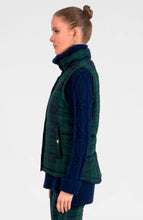 Load image into Gallery viewer, side view of a person wearing the Gretchen Scott Designs Puffer Vest Black Watch Plaid with navy sweater and matching pants

