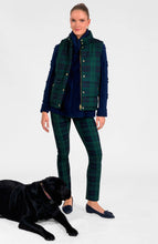 Load image into Gallery viewer, person wearing the Gretchen Scott Designs Puffer Vest Black Watch Plaid with navy sweater and matching pants
