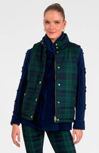 Load image into Gallery viewer, person wearing the Gretchen Scott Designs Puffer Vest Black Watch Plaid with navy sweater and matching pants
