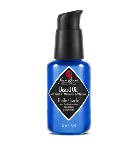 Blue and black bottle of Jack Black Beard Oil