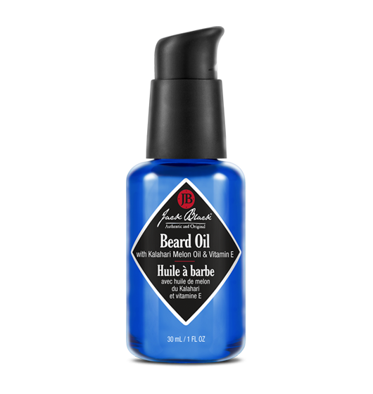 Blue and black bottle of Jack Black Beard Oil