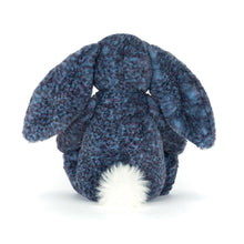 Load image into Gallery viewer, back view of the dappled blue Jellycat Bashful Hopscone Luxe Bunny Original with a white tail
