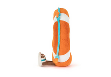 Load image into Gallery viewer, Plush toy resembling a sandal with orange, white, and blue accents on a white background
