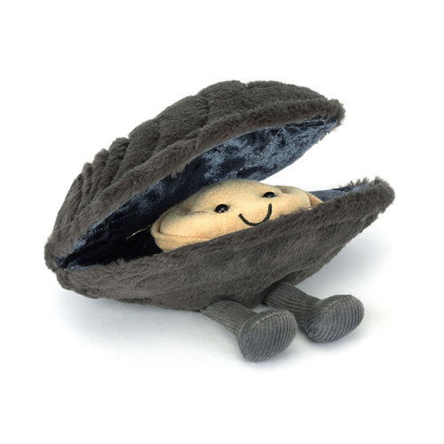 Amuseables Michelle Mussel front view grey shell with legs and a cream colored mussel inside with a smiling face
