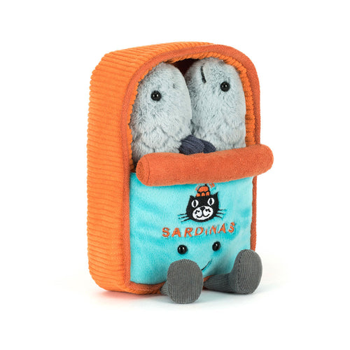 Front view of Jellycat Amuseables Sardine Tin with an orange tin with blue label with the Jelly cat logo and two grey sardines inside the tin