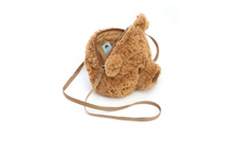 Load image into Gallery viewer, A plush teddy bear-shaped shoulder bag in light brown faux fur with a matching tan strap, shown open on a plain white background.
