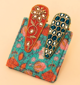 Jeweled Hair Clips – Hexagon / Floral Stem - Teal/Tangerine
