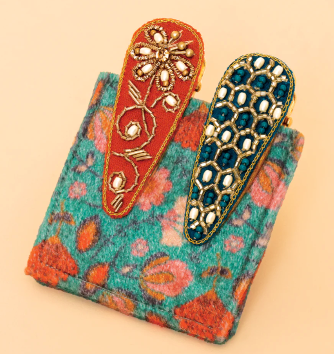 Jeweled Hair Clips – Hexagon / Floral Stem - Teal/Tangerine