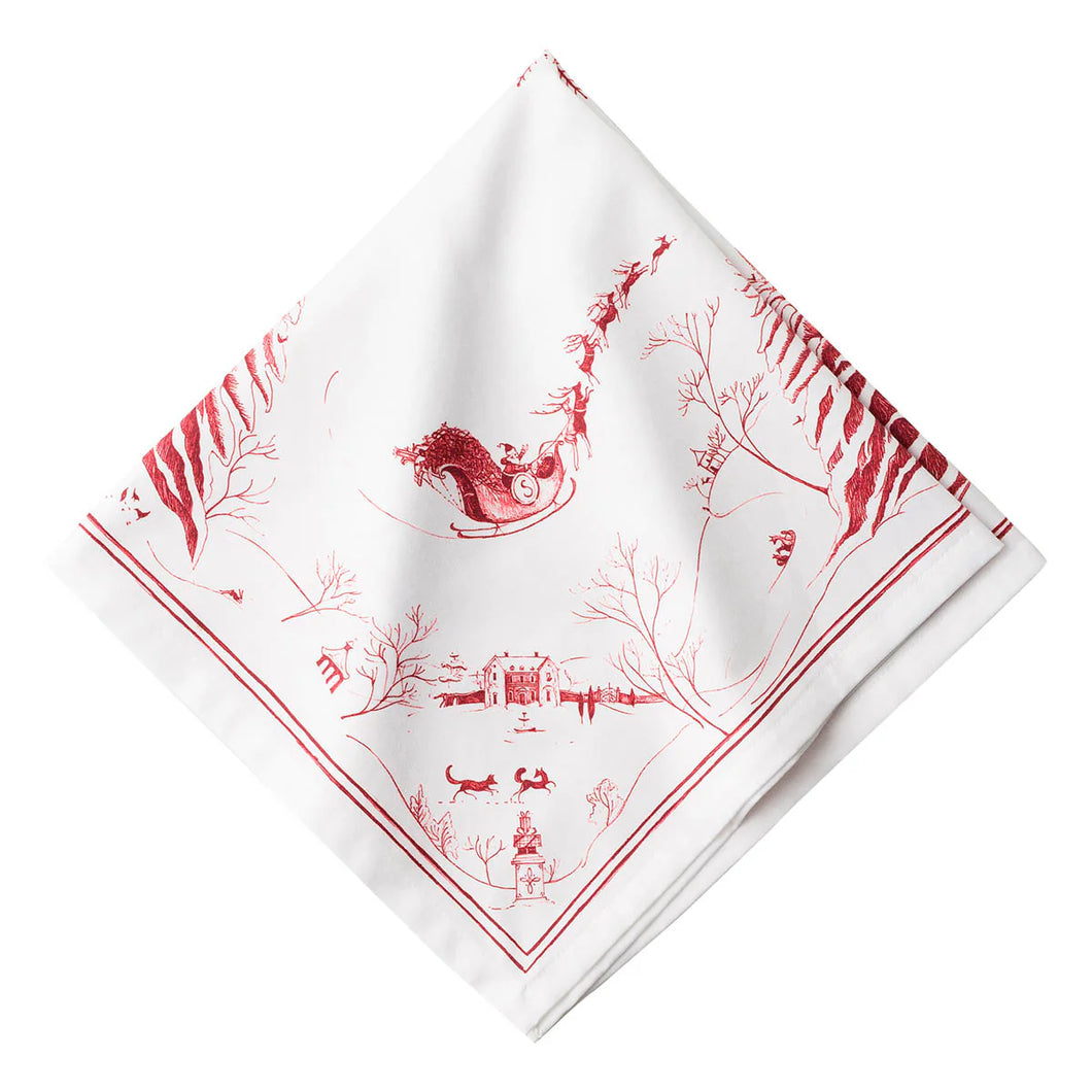 white napkin with Country Estate design with Santa in red