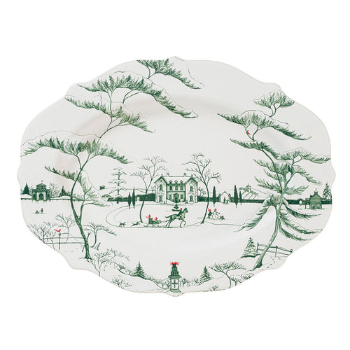 White scalloped platter with green country estate Winter Frolic Serving Platter 