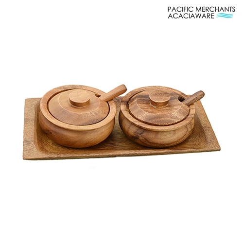 Pacific Merchants Acacia Wood Condiment Set, Tray, two bowls, two lids, two spoons