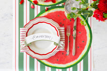 Load image into Gallery viewer, Hester &amp; Cook Green &amp; Red Awning Stripe Runner set on a summer table
