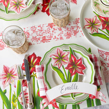 Load image into Gallery viewer, Hester &amp; Cook Red and White Regal Peacock Runner set on a table 
