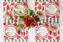Load image into Gallery viewer, Hester &amp; Cook Green &amp; Red Awning Stripe Runner set on a summer table with four place settings
