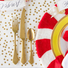 Load image into Gallery viewer, Hester &amp; Cook Red Felt Candy Stripe Placemat with gold flatware
