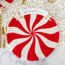 Load image into Gallery viewer, Hester &amp; Cook Red Felt Candy Stripe Placemat on a gold and white table scape 

