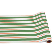 Load image into Gallery viewer, a roll of Hester &amp; Cook Green &amp; Red Awning Stripe Runner with green white and red stripes

