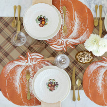 Load image into Gallery viewer, Hester &amp; Cook Die-cut Pumpkin Placemat on a holiday table with white and gold place setting 
