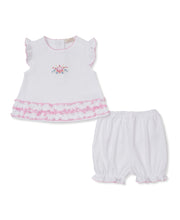 Load image into Gallery viewer, Kissy Kissy Pastel Gardens Sunsuit Hand Embroidered ruffles at sleeves, hems and neckline are lined with thin pink border and front of the top if embroidered with a floral motif
