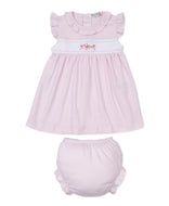 pink dress with embroidered strawberrys