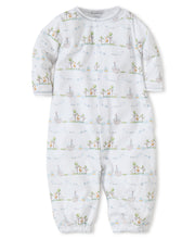 Load image into Gallery viewer, Long baby gown with long sleeves, with snaps snapped to form pant legs snaps
