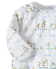 Load image into Gallery viewer, Close up of sleeves and blue Noah’s animals and boat
