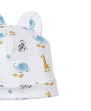 Load image into Gallery viewer, close up of a white hat with ears printed with safari animals 
