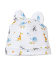 Load image into Gallery viewer, white hat with ears printed with safari animals 
